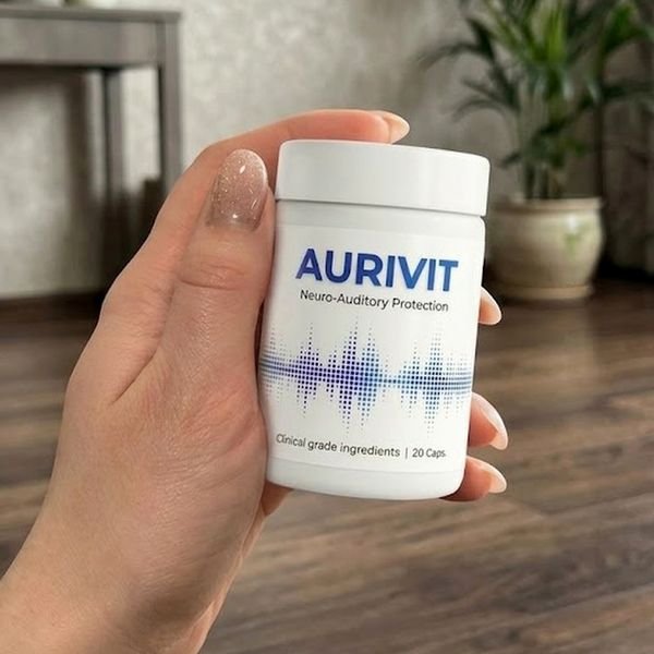 Flacone bianco di Aurivit da 20 capsule tenuto in mano