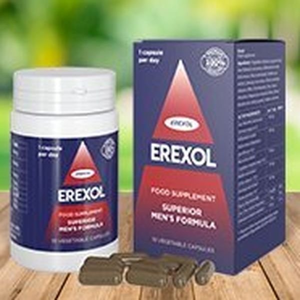 Barattolo bianco e scatola blu di Erexol con capsule davanti