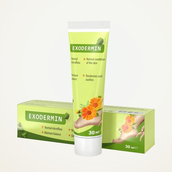 Tubo verde e giallo di Exodermin da 30 ml sopra la sua scatola