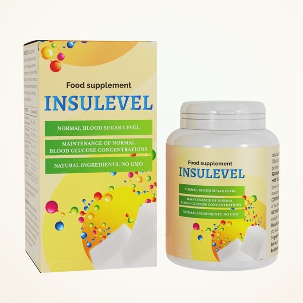 Barattolo e scatola gialla di Insulevel con la scritta Normal blood sugar level