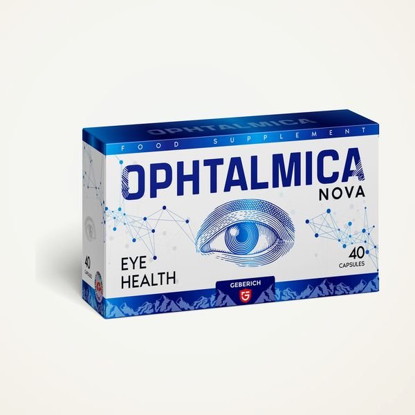 Scatola blu di Ophtalmica Nova da 40 capsule con l'occhio in etichetta