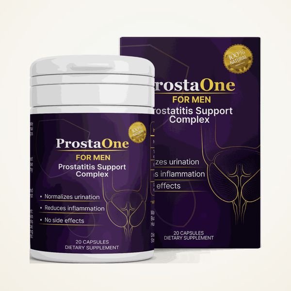 Barattolo e scatola viola scuro di ProstaOne da 20 capsule