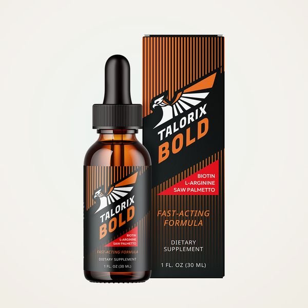 Flacone con contagocce di Talorix Bold da 30 ml e scatola nera e arancione