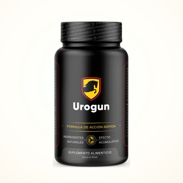 Flacone nero di Urogun con lo scudo dorato in etichetta